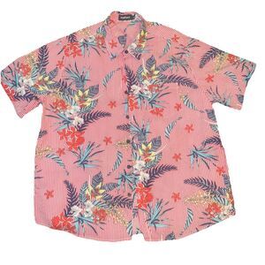 VATPAVE Red Striped Floral Button Up Hawaiian Short Sleeve Aloha Shirt Mens XL